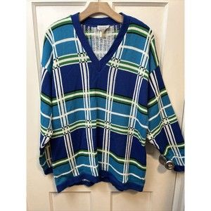 Vintage V-Neck Sweater Colorful Plaid Pattern Blue Green Women’s Large Retro
